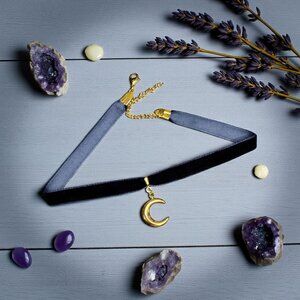 Navy Blue Velvet Moon Choker Necklace with Gold Crescent Pendant Celestial Goth